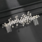 Crystal Bridal Hair Comb with Rhinestone Leaves & Pearls